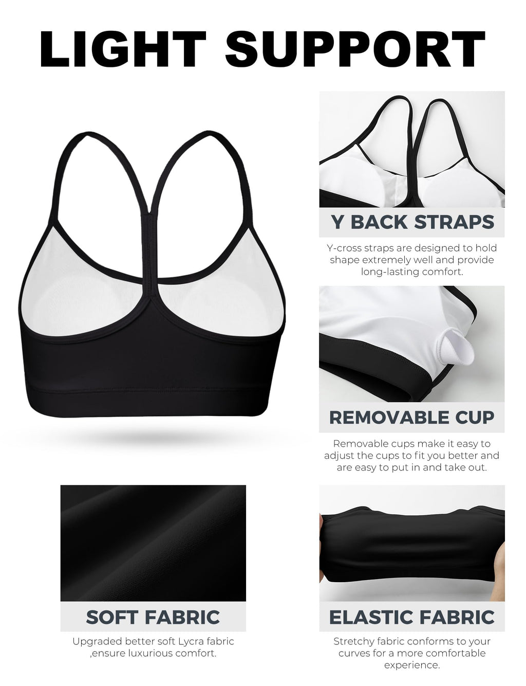 Low-Impact Y-Back Sports Bra 2-Pack – Lightweight Racerback with Removable Pads