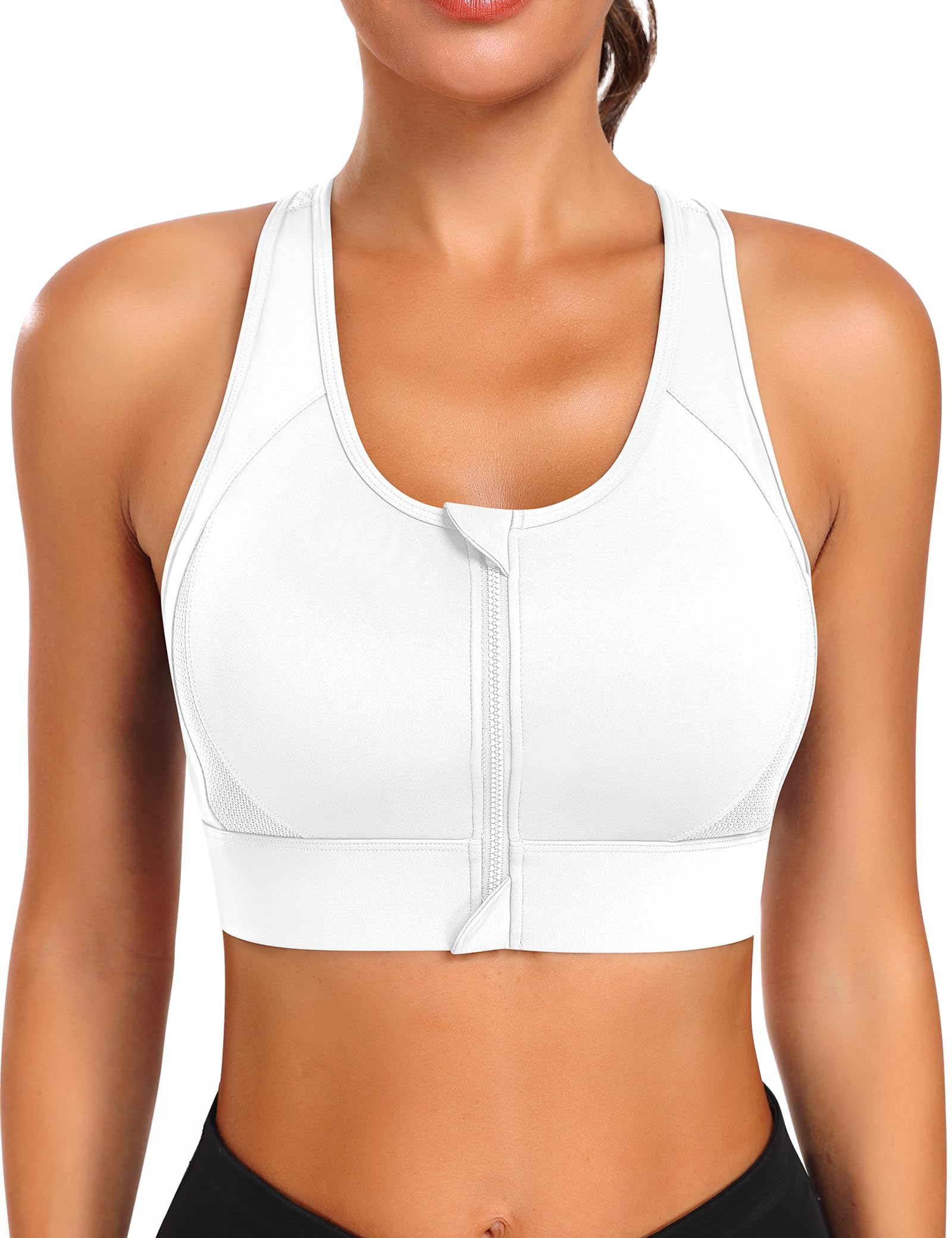 High-Impact Zip Sports Bra with Mesh Racerback & Fixed Pads