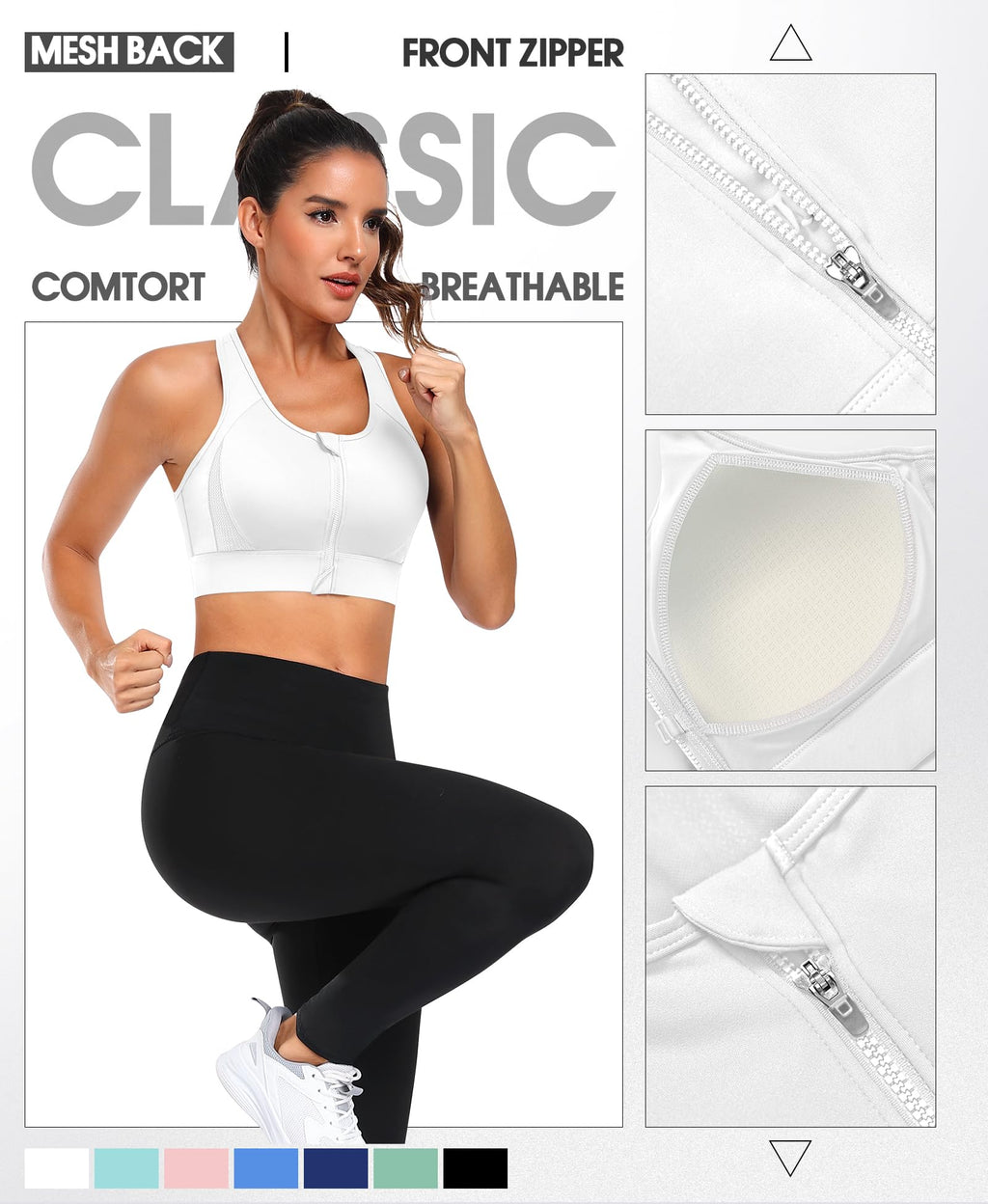 High-Impact Zip Sports Bra with Mesh Racerback & Fixed Pads
