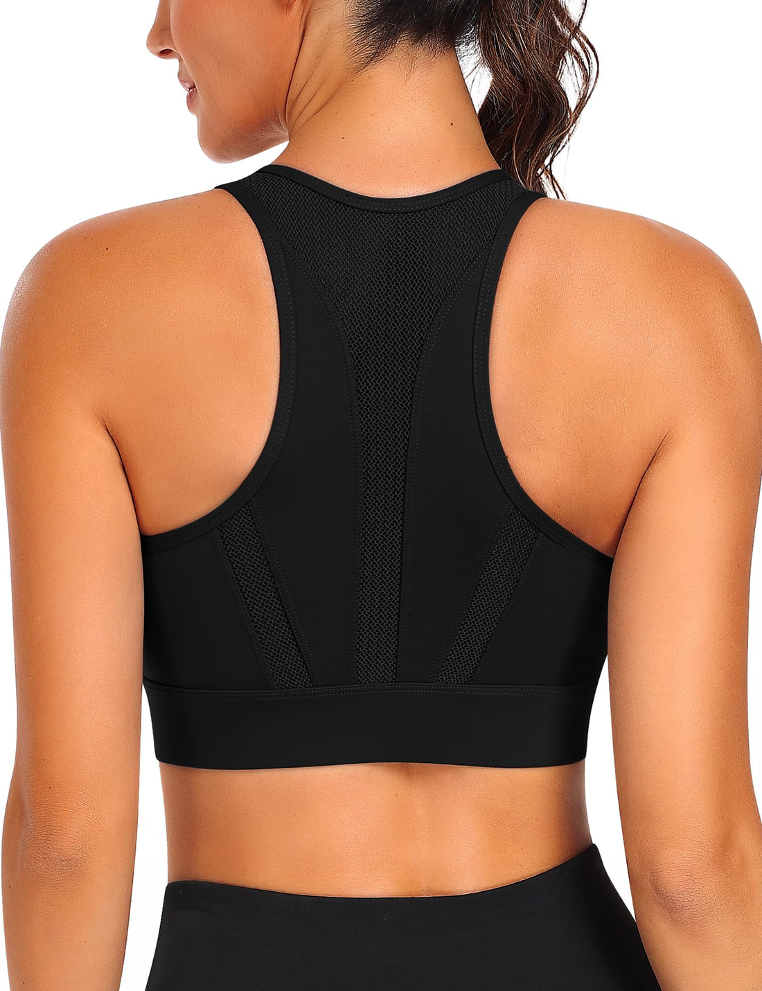 High-Impact Zip Sports Bra with Mesh Racerback & Fixed Pads