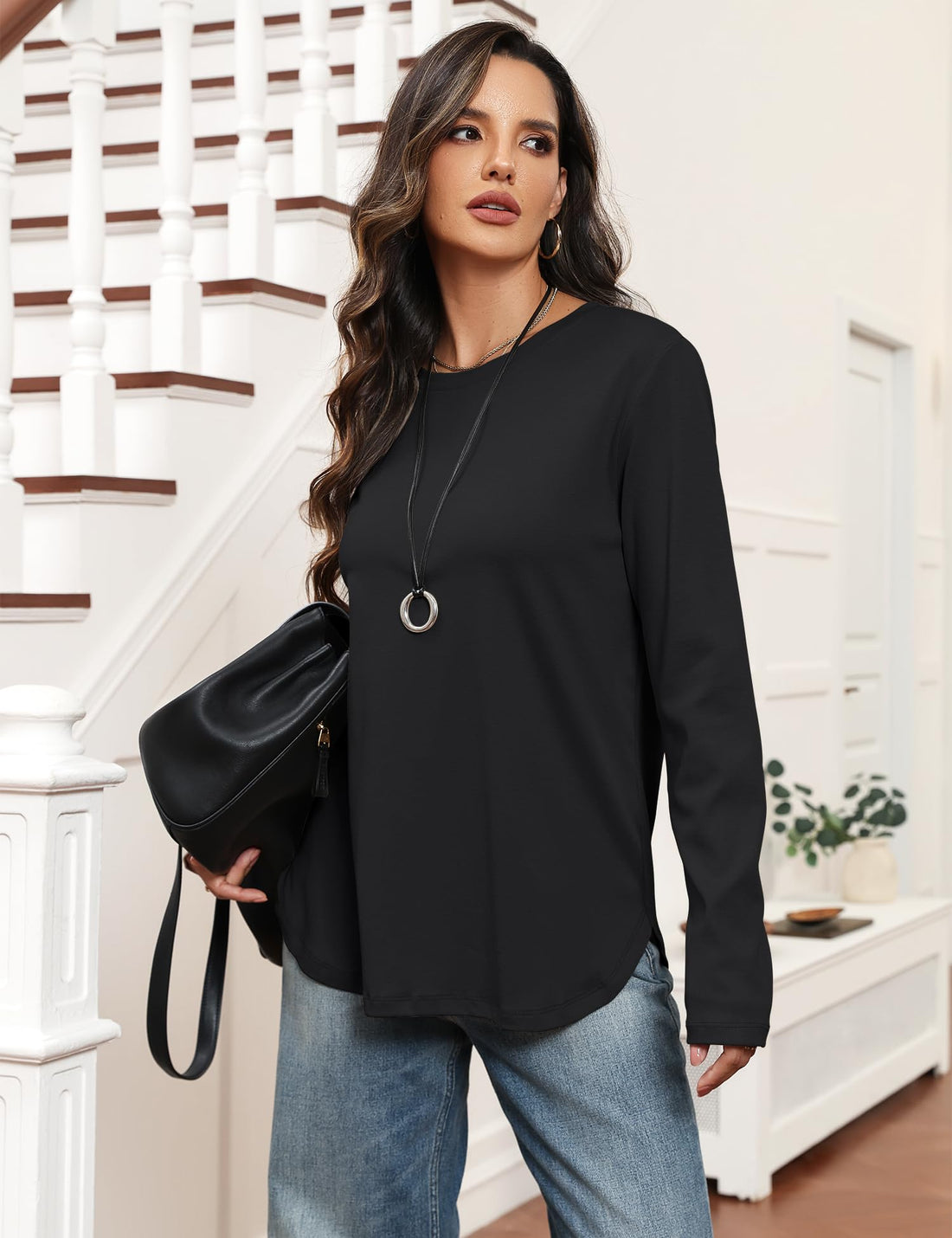 Women's Oversized Long Sleeve Crew Neck Tunic Top